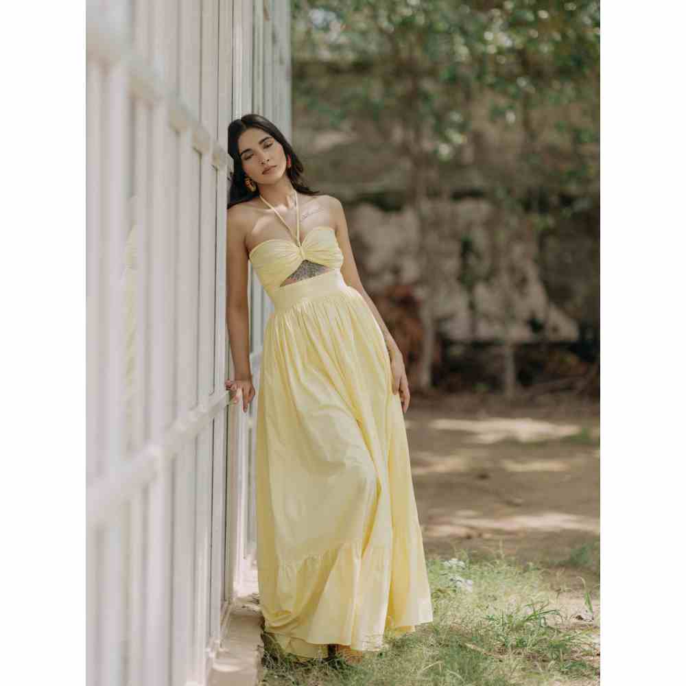 Old Marigold Penelope Lime Yellow Halter Maxi Dress