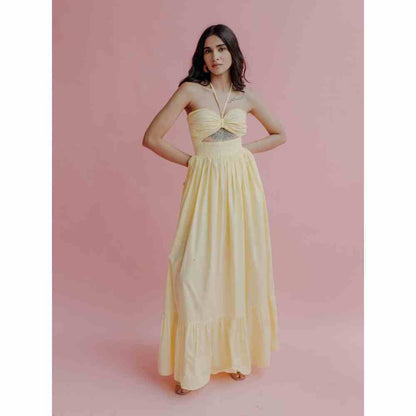 Old Marigold Penelope Lime Yellow Halter Maxi Dress