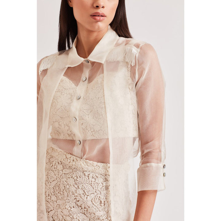 Our Love Serene Organza Shirt With Scarf And Fringes (Set of 2)