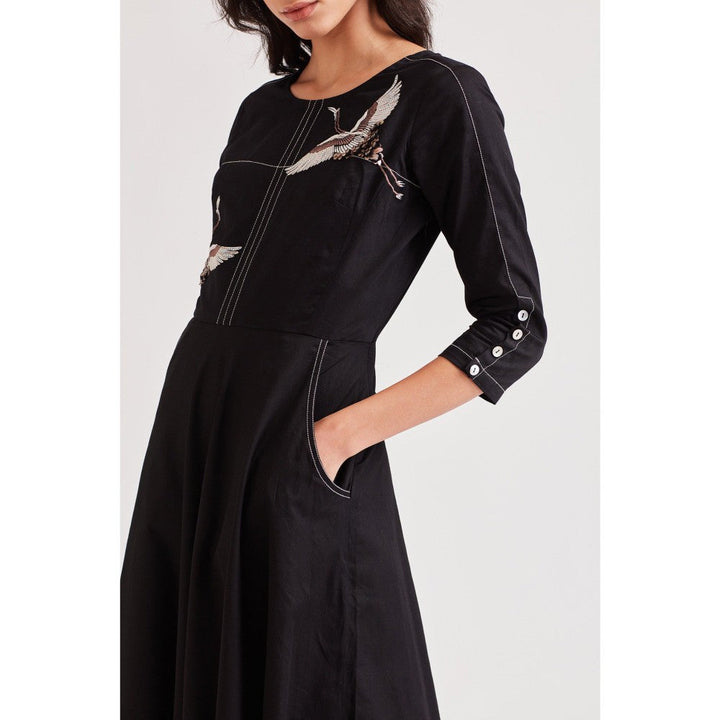 Our Love Wings Black Dress With 3D Embroidered Bird