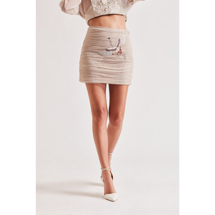 Our Love Venice Ecru Dotted Net Skirt With Embroidered Bird