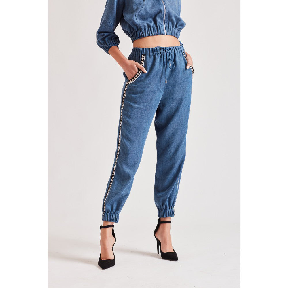 Our Love Love Blue Denim Embroidered Joggers