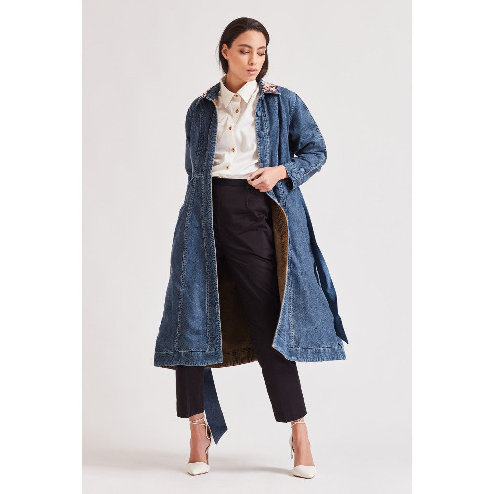 Our Love Garden Denim Blue Embroidered Trench With Belt