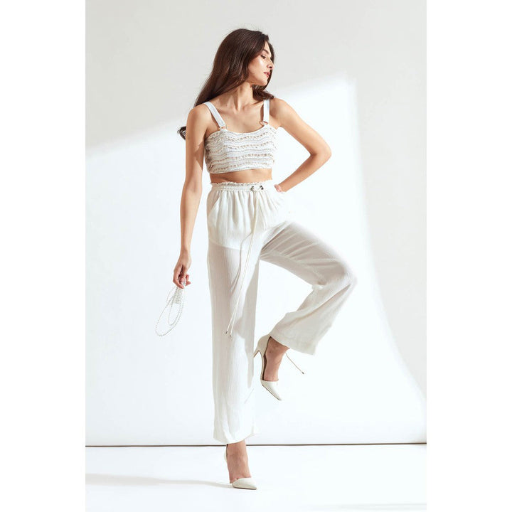 Our Love White Embroidered Bralet With Crinkled Chiffon Pants (Set of 2)