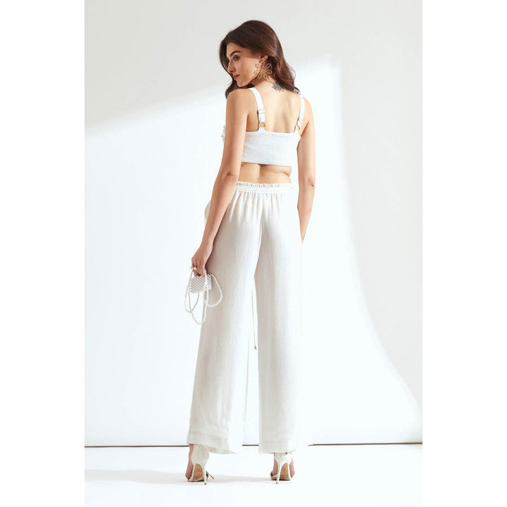 Our Love White Embroidered Bralet With Crinkled Chiffon Pants (Set of 2)