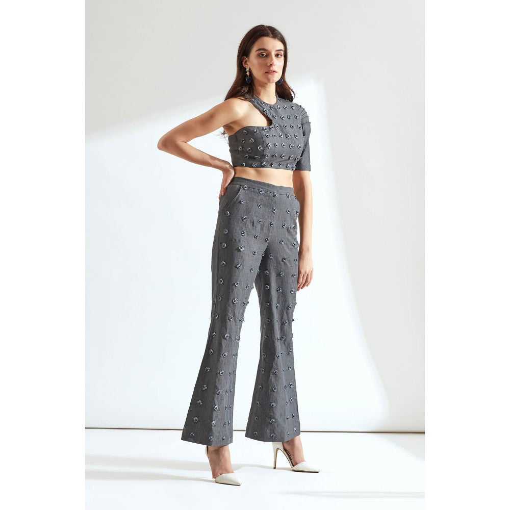 Our Love Grey Denim Embroidered Crop Top With Embroidered Pants (Set of 2)