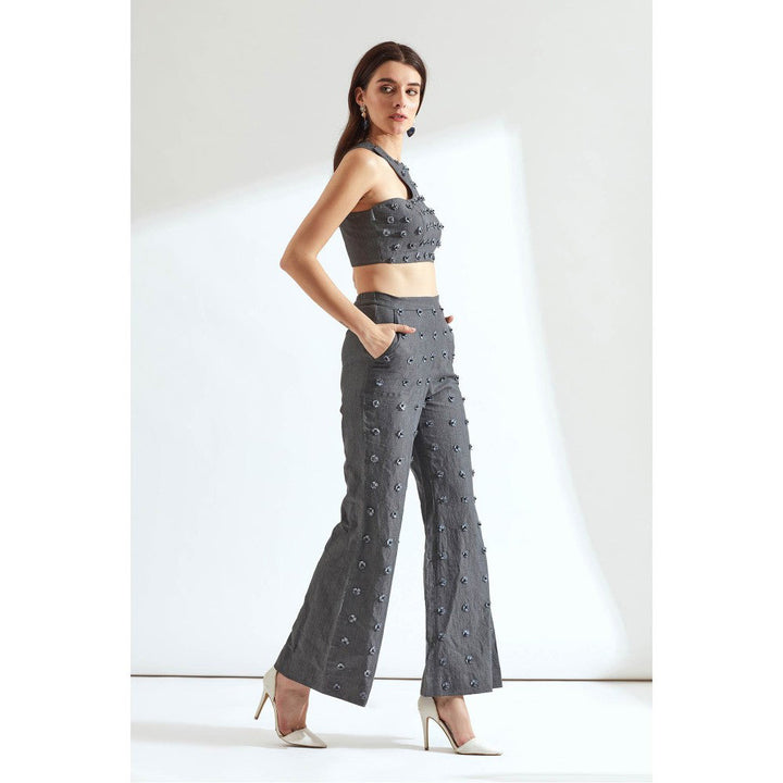 Our Love Grey Denim Embroidered Crop Top With Embroidered Pants (Set of 2)