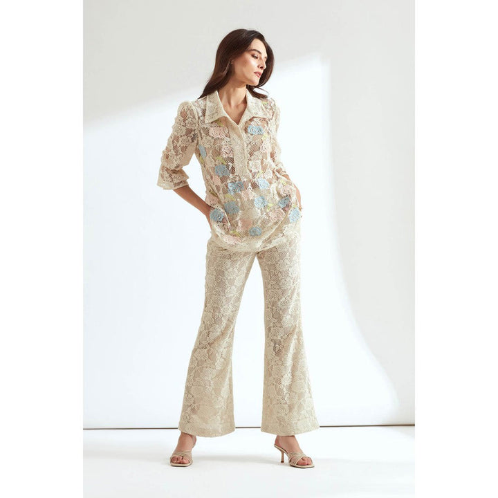 Our Love Ivory Lace Embroidered Shirt With Fit And Flared Pants (Set of 2)