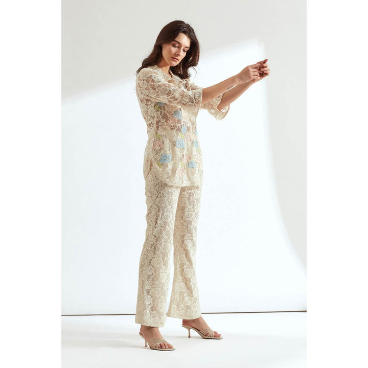 Our Love Ivory Lace Embroidered Shirt With Fit And Flared Pants (Set of 2)