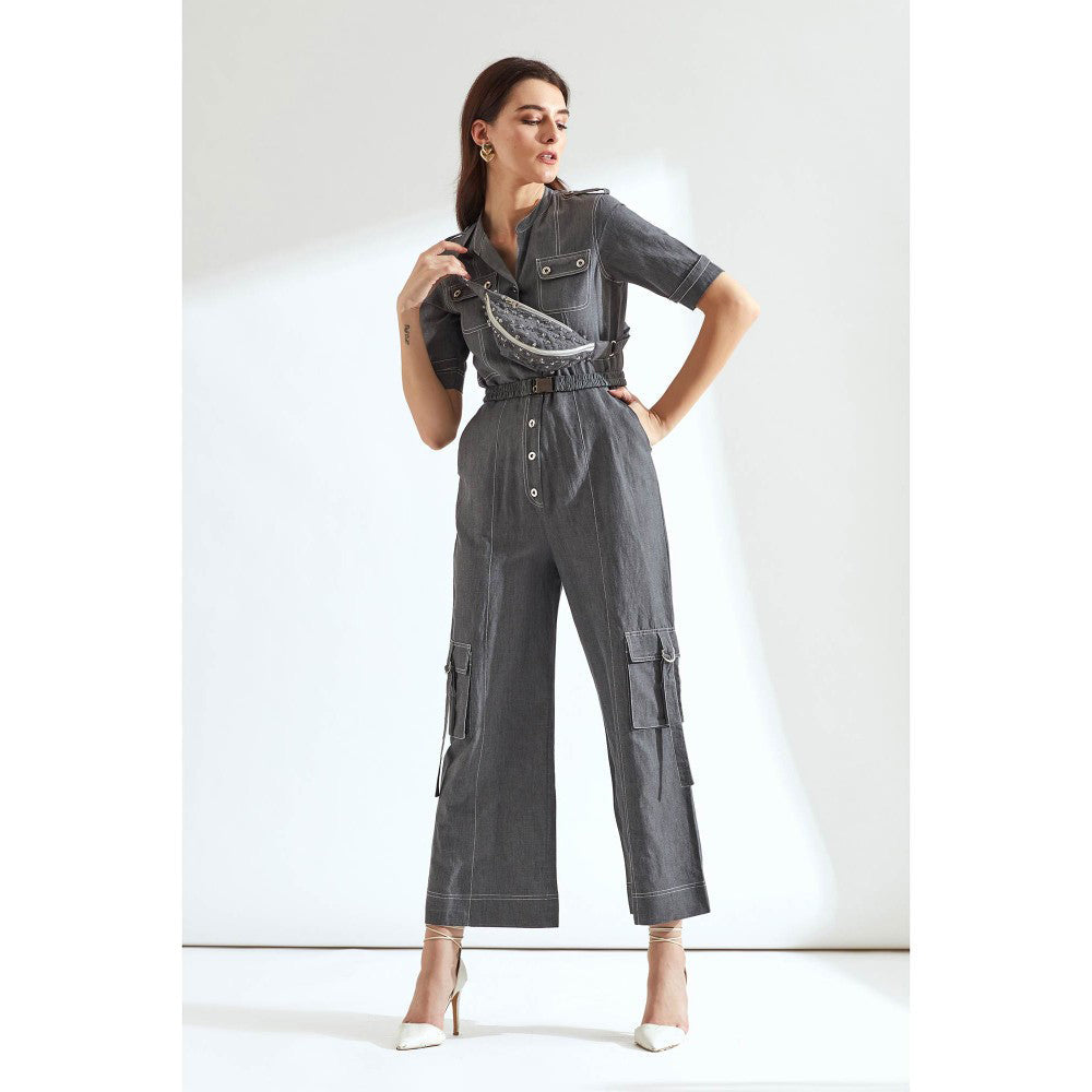 Our Love Grey Denim Belted Jumpsuit With Star Girl Embroiderd Bum Bag (set of 3)(XS)