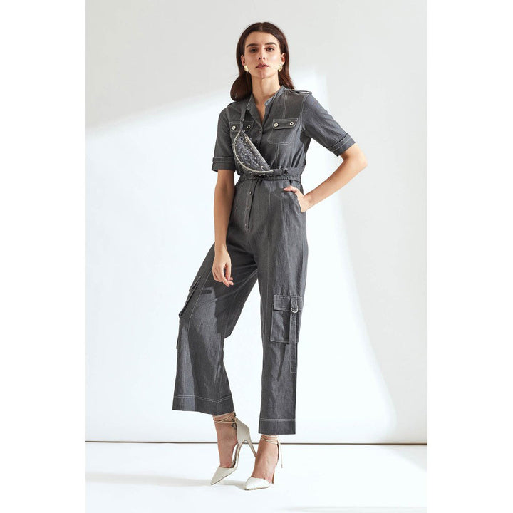Our Love Grey Denim Belted Jumpsuit With Star Girl Embroiderd Bum Bag (set of 3)(XS)