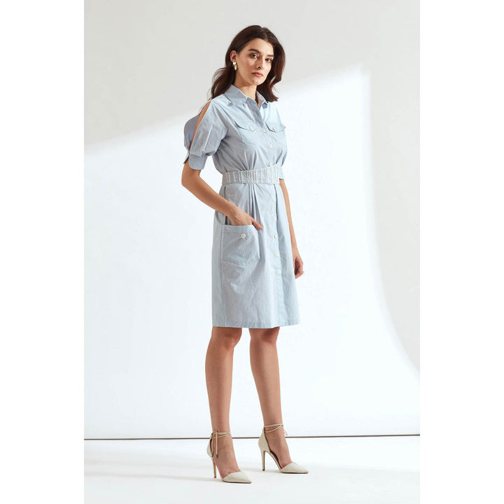 Our Love Sky Cotton Dress With Lace And Pockets Detail