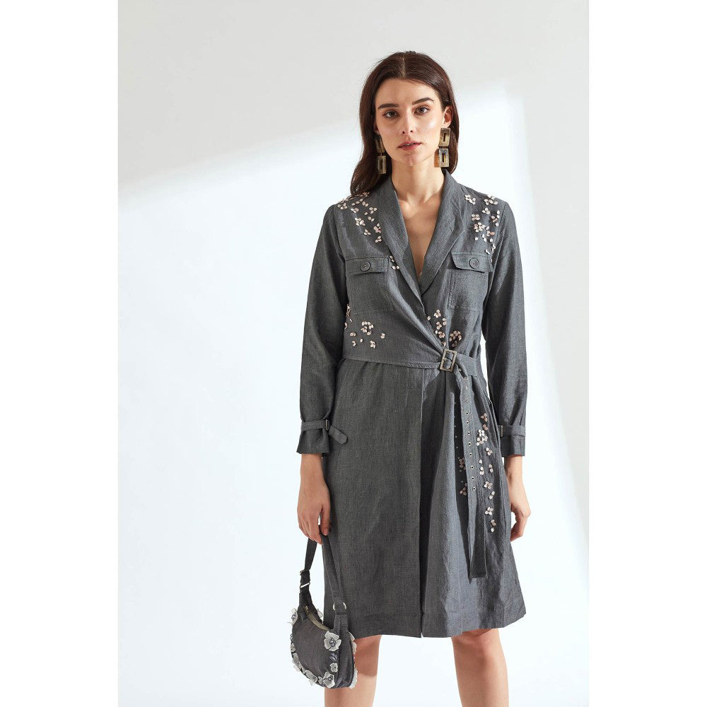 Our Love Grey Denim Hand Embroidered Dress