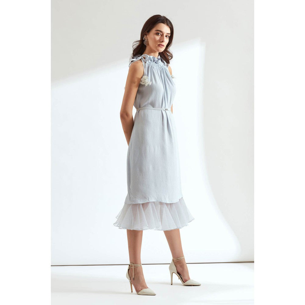 Our Love Sky Colored Crepe And Glass Nylon Belted Midi Dress (Set of 2)
