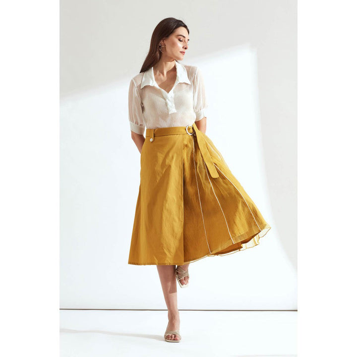 Our Love Ochre Cotton And Glass Nylon Skirt With Lace Detail.