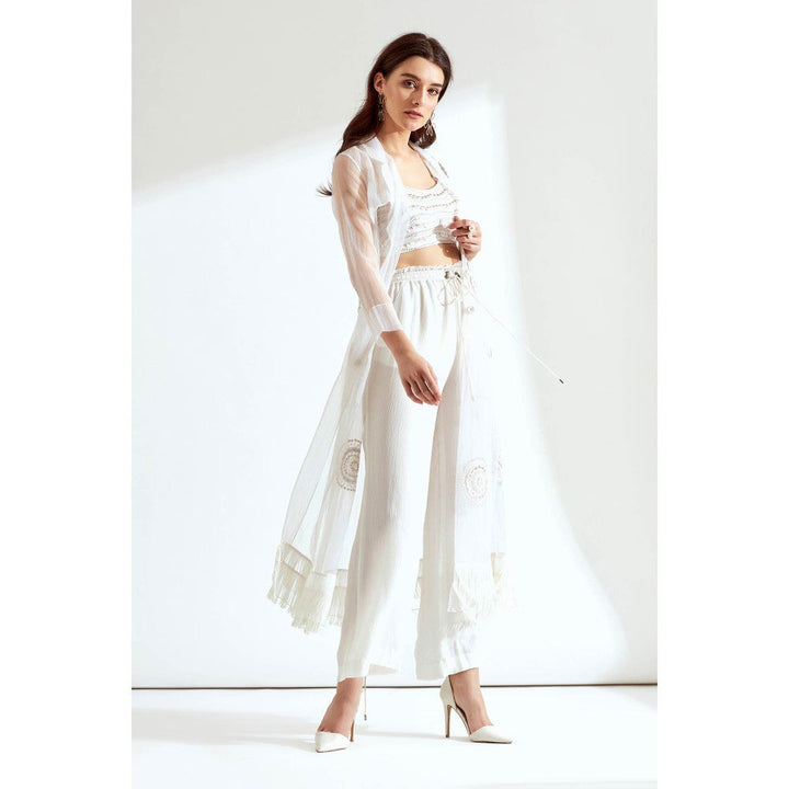 Our Love White Embroidered Bralet With Pants And Embroidered Long Jacket (Set of 4)(XS)