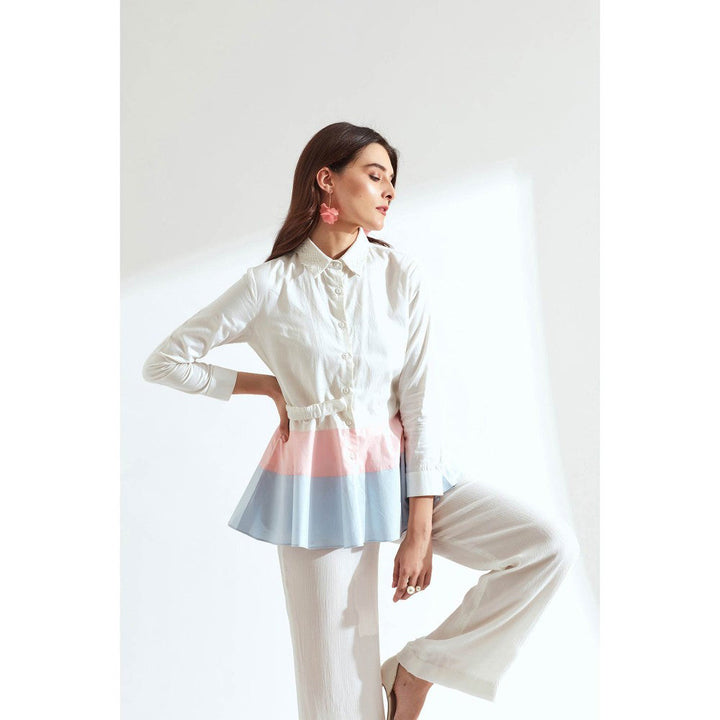 Our Love White Color Blocking Shirt With Pant (Set of 2)