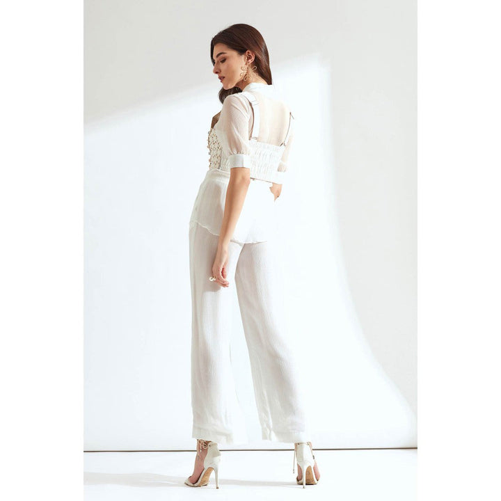 Our Love White Embroidered Waist Jacket With Shirt And Pant (set of 3)(XS)