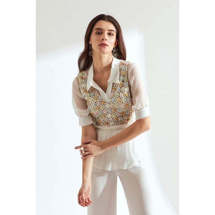 Our Love White Lace Embroidered Waist Jacket With Shirt (Set of 2)