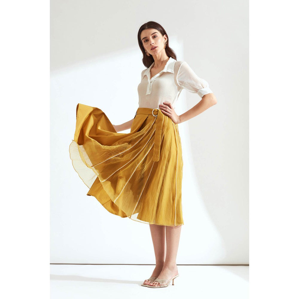 Our Love Ochre Skirt With Lace Detail with White Shirt Set (Set of 2) With Belt