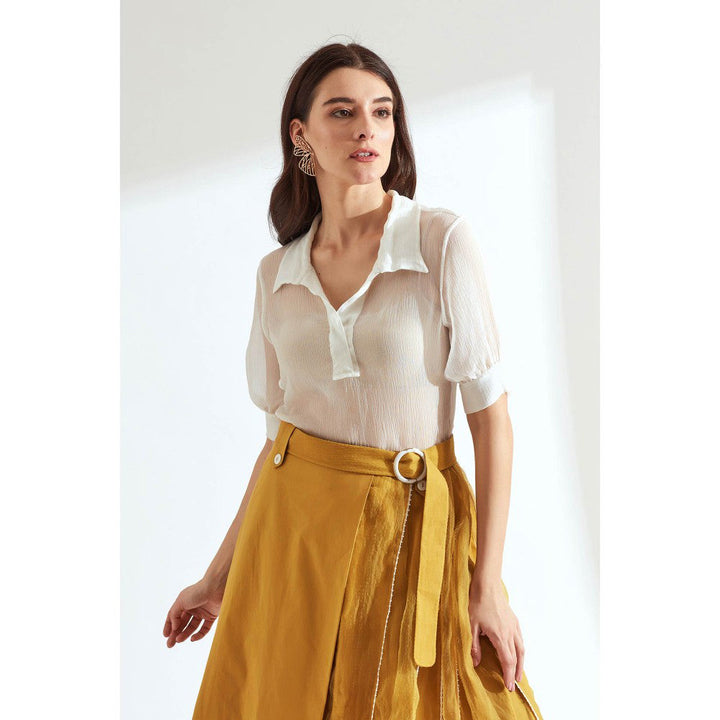 Our Love Ochre Skirt With Lace Detail with White Shirt Set (Set of 2) With Belt