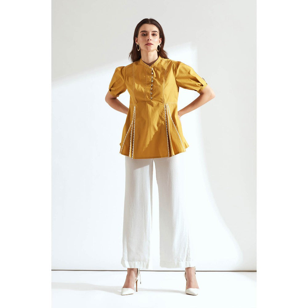 Our Love Ochre Cotton Top With Lace Details.