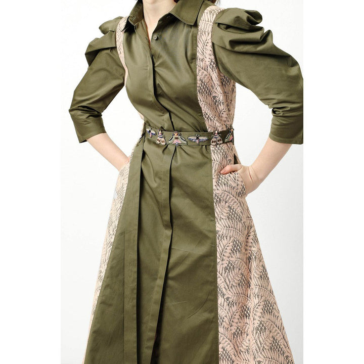 Our Love Smoke Green & Rose Embroidered Belted Cotton Satin And Lace Shirt Dress (Set of 2)
