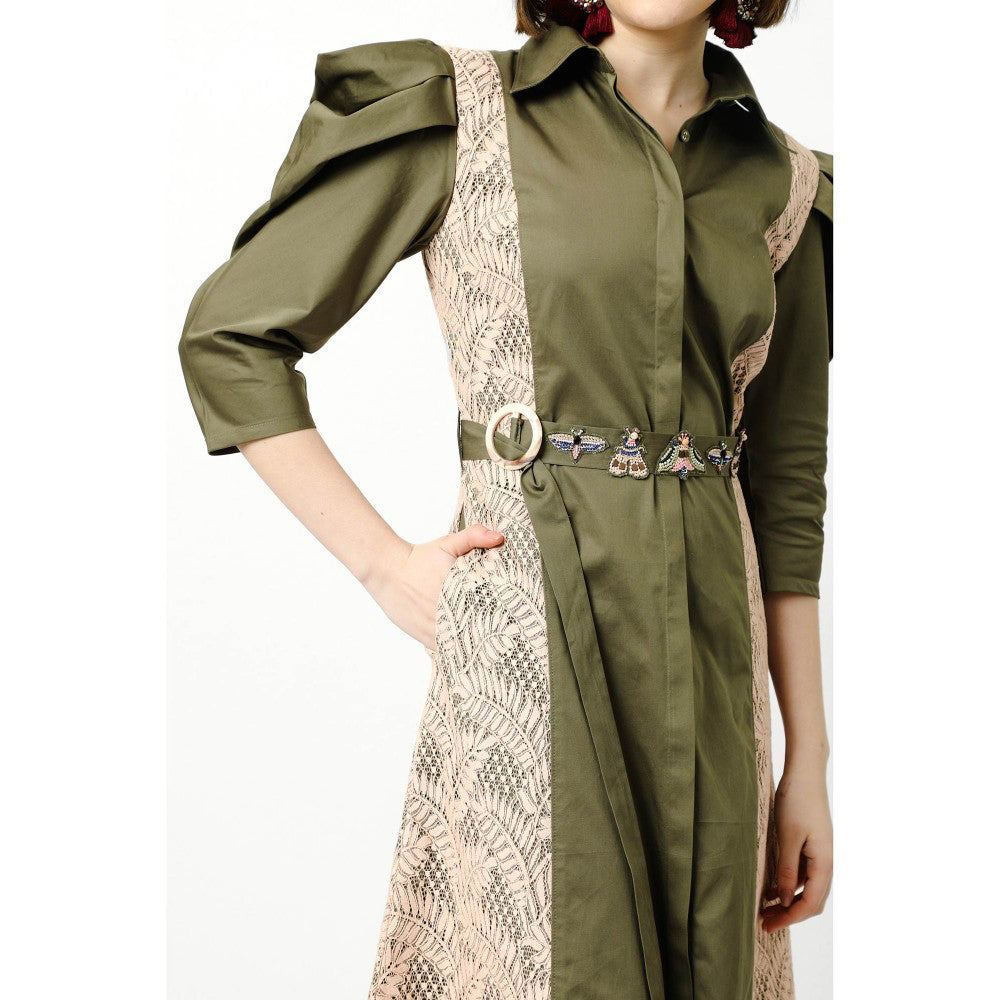Our Love Smoke Green & Rose Embroidered Belted Cotton Satin And Lace Shirt Dress (Set of 2)