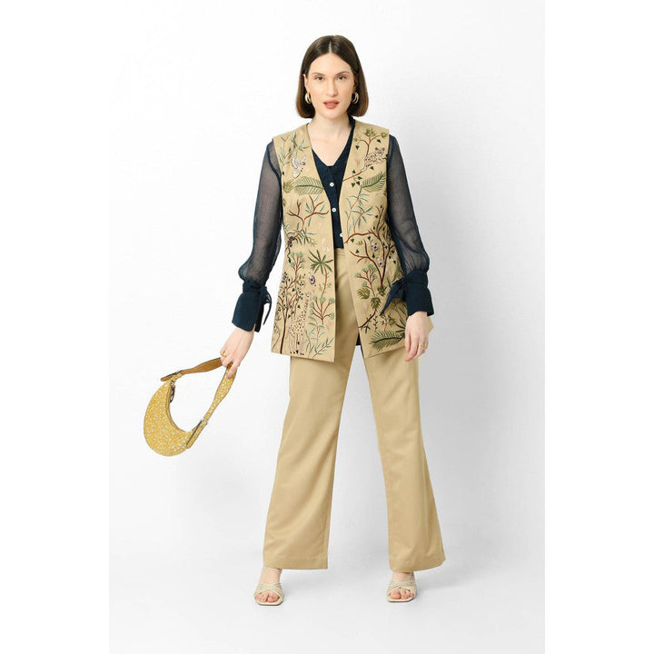 Our Love Camel & Ink Blue Embroidered Suiting Reversible Jacket