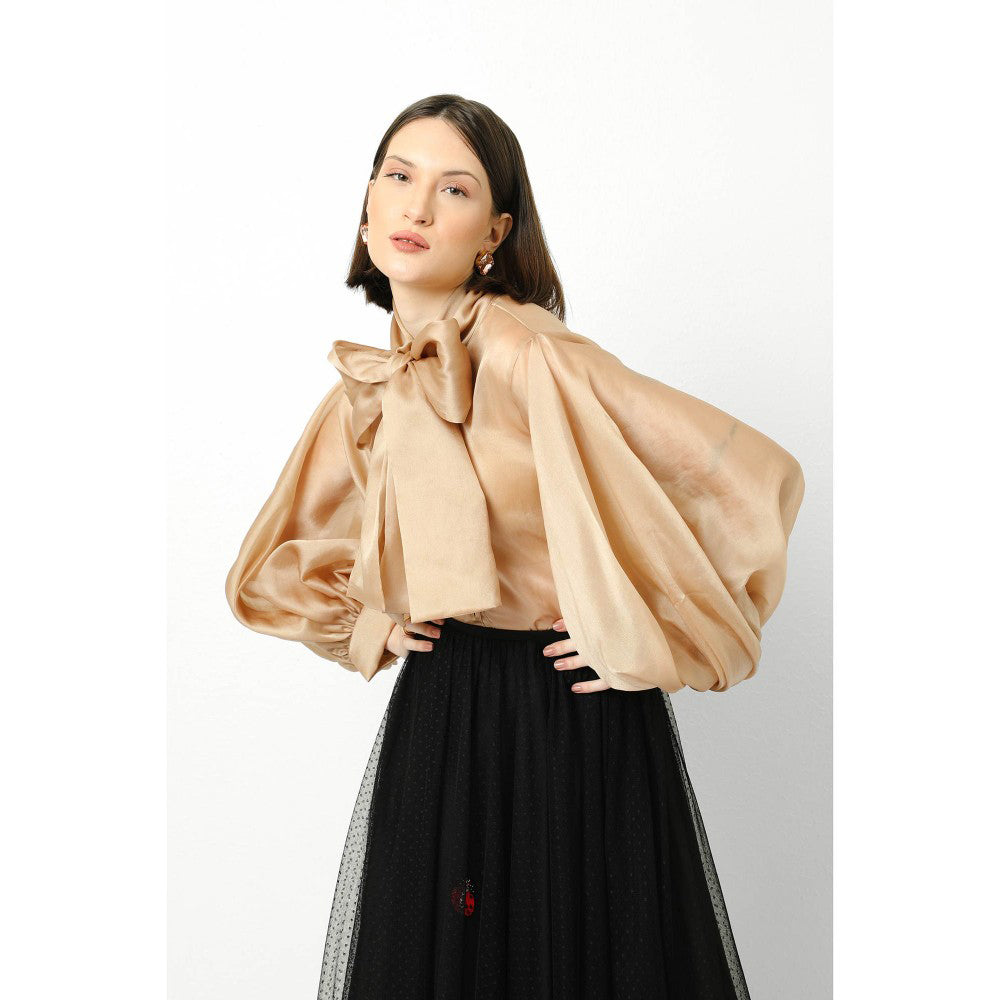 Our Love Camel Organza Shirt With Front Bow