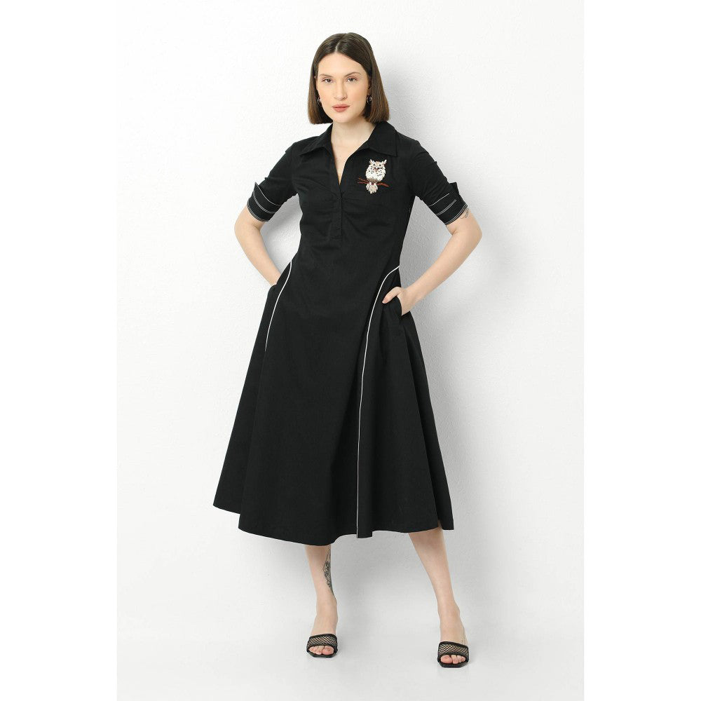 Our Love Black Cotton Satin Shirt Dress With Owl Embroidery