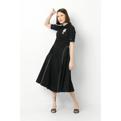 Our Love Black Cotton Satin Shirt Dress With Owl Embroidery