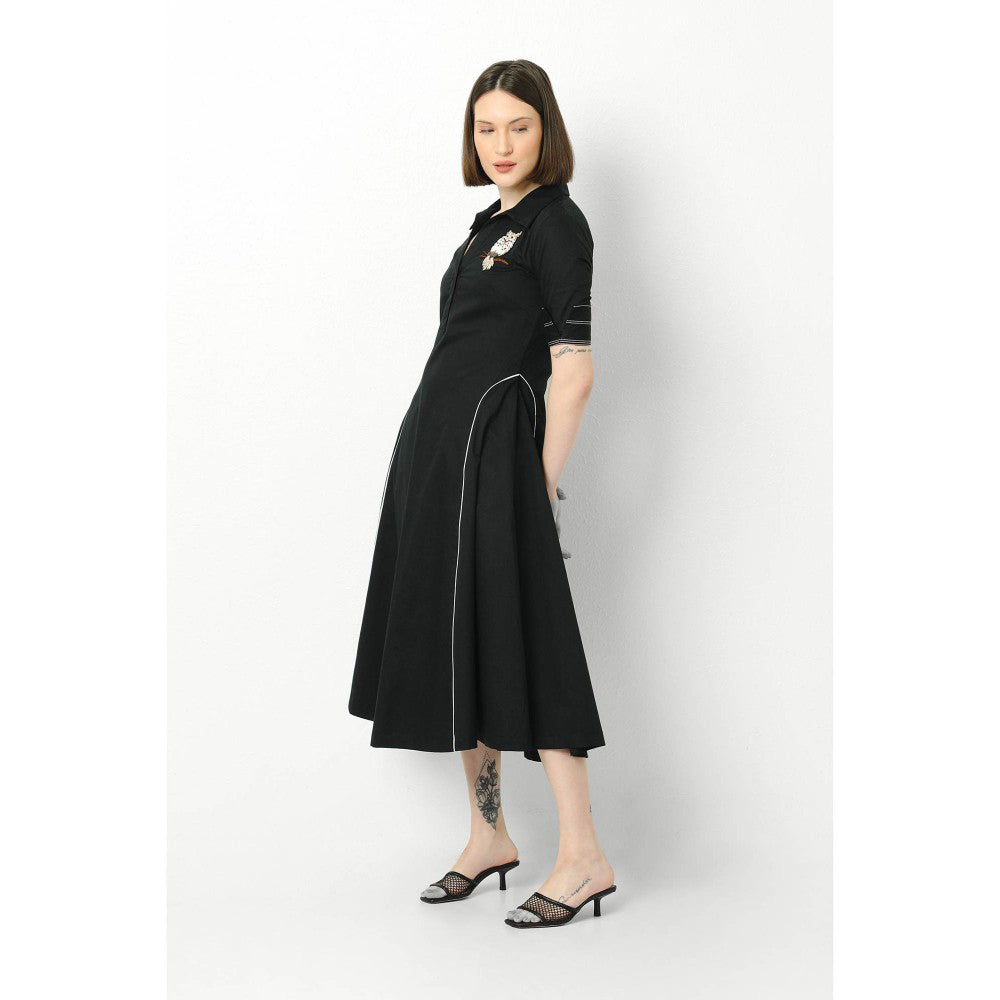 Our Love Black Cotton Satin Shirt Dress With Owl Embroidery