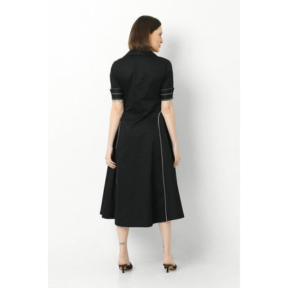 Our Love Black Cotton Satin Shirt Dress With Owl Embroidery