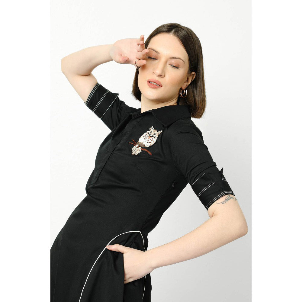 Our Love Black Cotton Satin Shirt Dress With Owl Embroidery