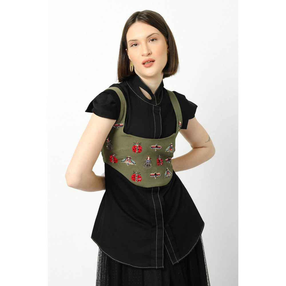 Our Love Smoke Green Bubble Crepe Waist Jacket With Embroidered Bugs