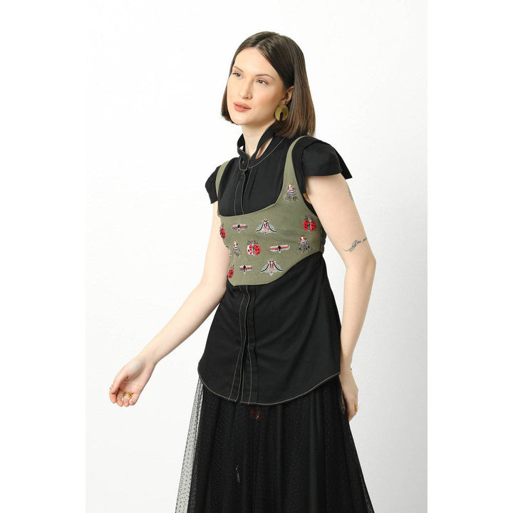 Our Love Smoke Green Bubble Crepe Waist Jacket With Embroidered Bugs