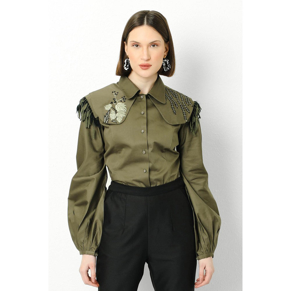 Our Love Smoke Green Cotton Satin Shirt With Embroidered Collar