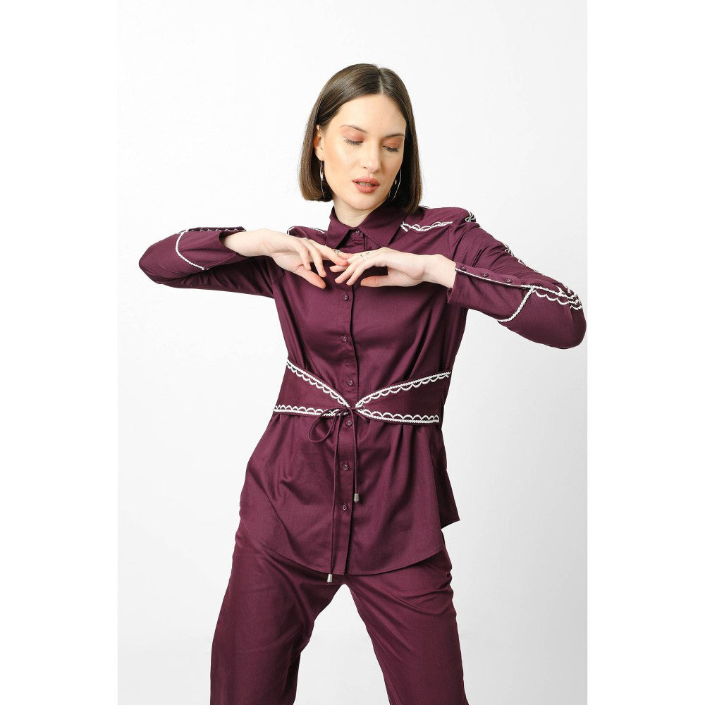 Our Love Violet Cotton Satin Shirt With Scalloping Detail And Attached Belt