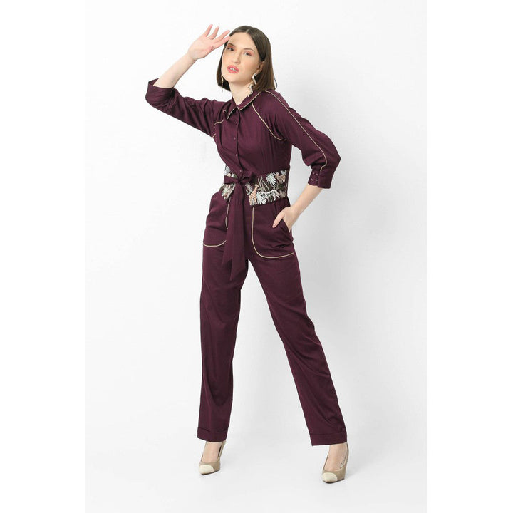 Our Love Violet Cotton Satin Jumpsuit With Pockets And Jungle Parade Belt (Set of 2)