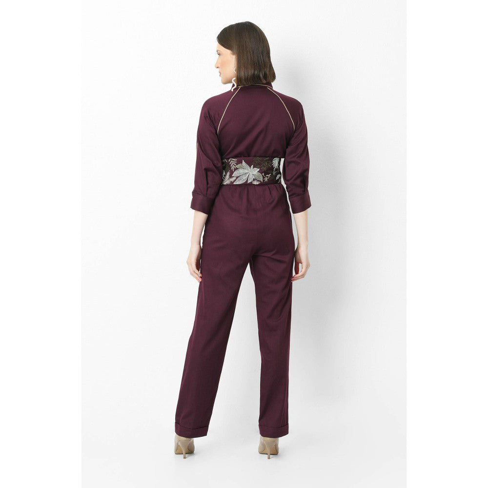 Our Love Violet Cotton Satin Jumpsuit With Pockets And Jungle Parade Belt (Set of 2)