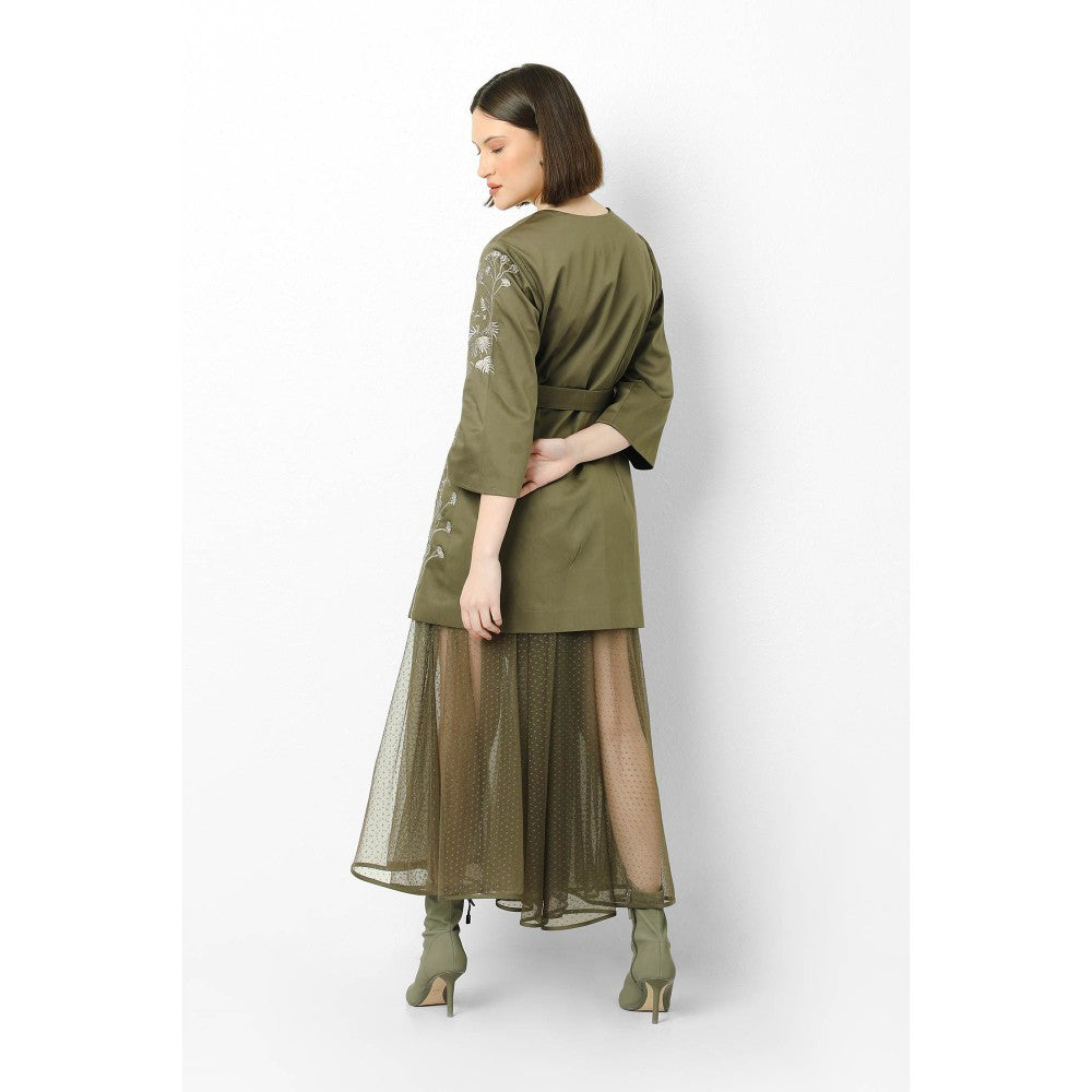 Our Love Smoke Green Embroidered Cotton Satin Reversible Jacket With Detachable Belt (Set of 2)