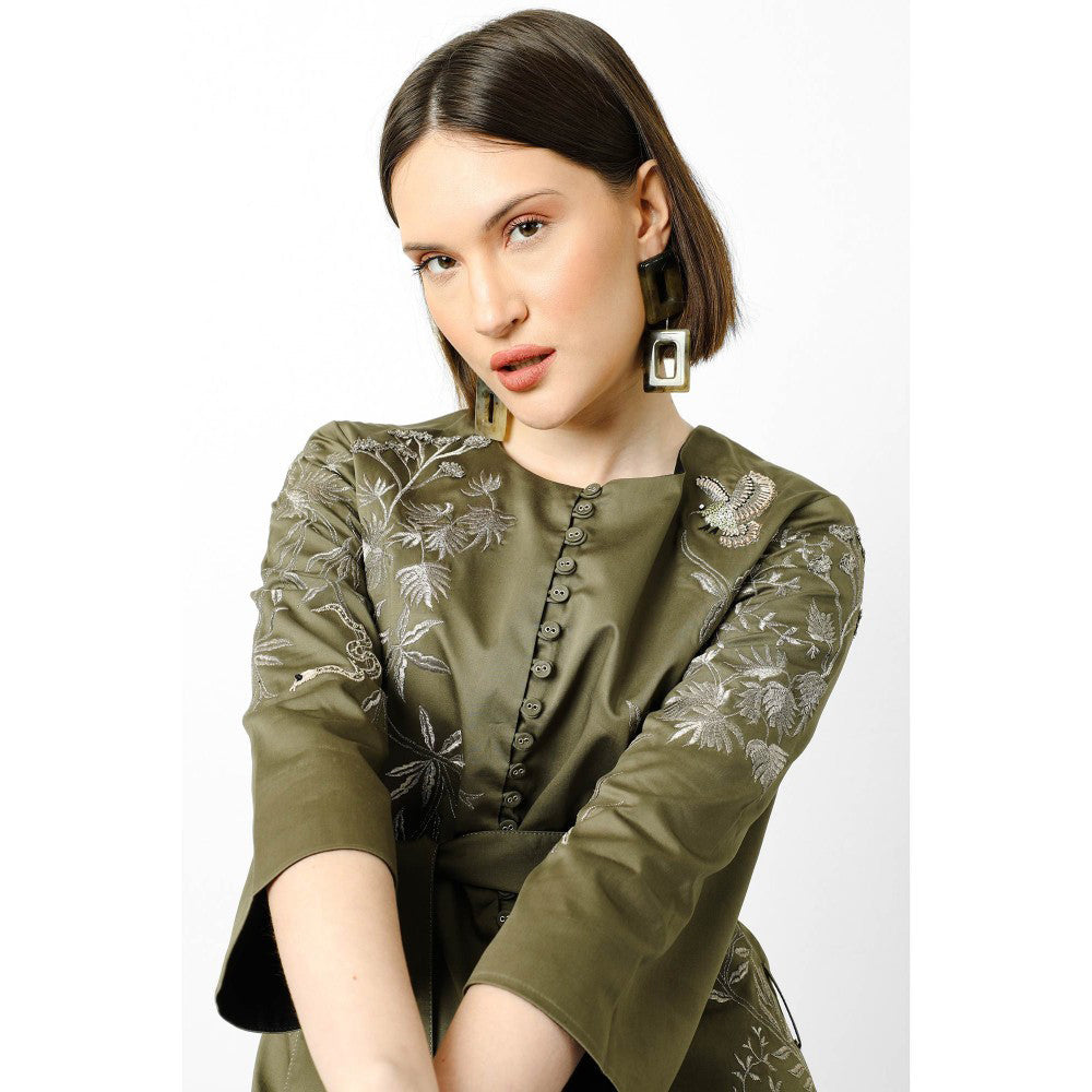 Our Love Smoke Green Embroidered Cotton Satin Reversible Jacket With Detachable Belt (Set of 2)