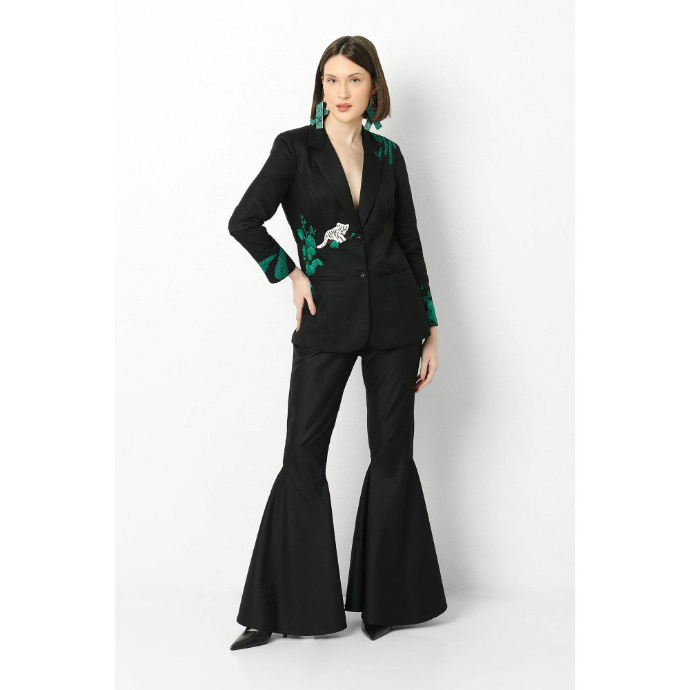 Our Love Black Tigeress Embroidered Suiting Blazer With Bell Bottom Pant Set (Set of 2)