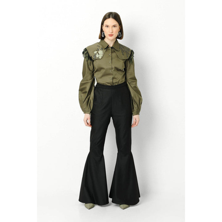 Our Love Green Cotton Satin Shirt  Feathers With Bell Bottom Pant (Set of 2)