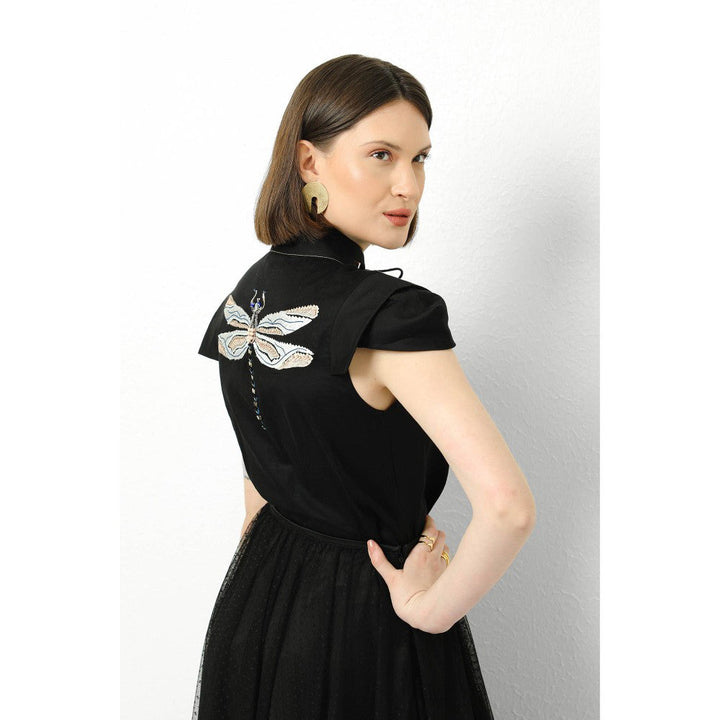 Our Love Black Shirt with Waist Belt with Embroidered Bugs