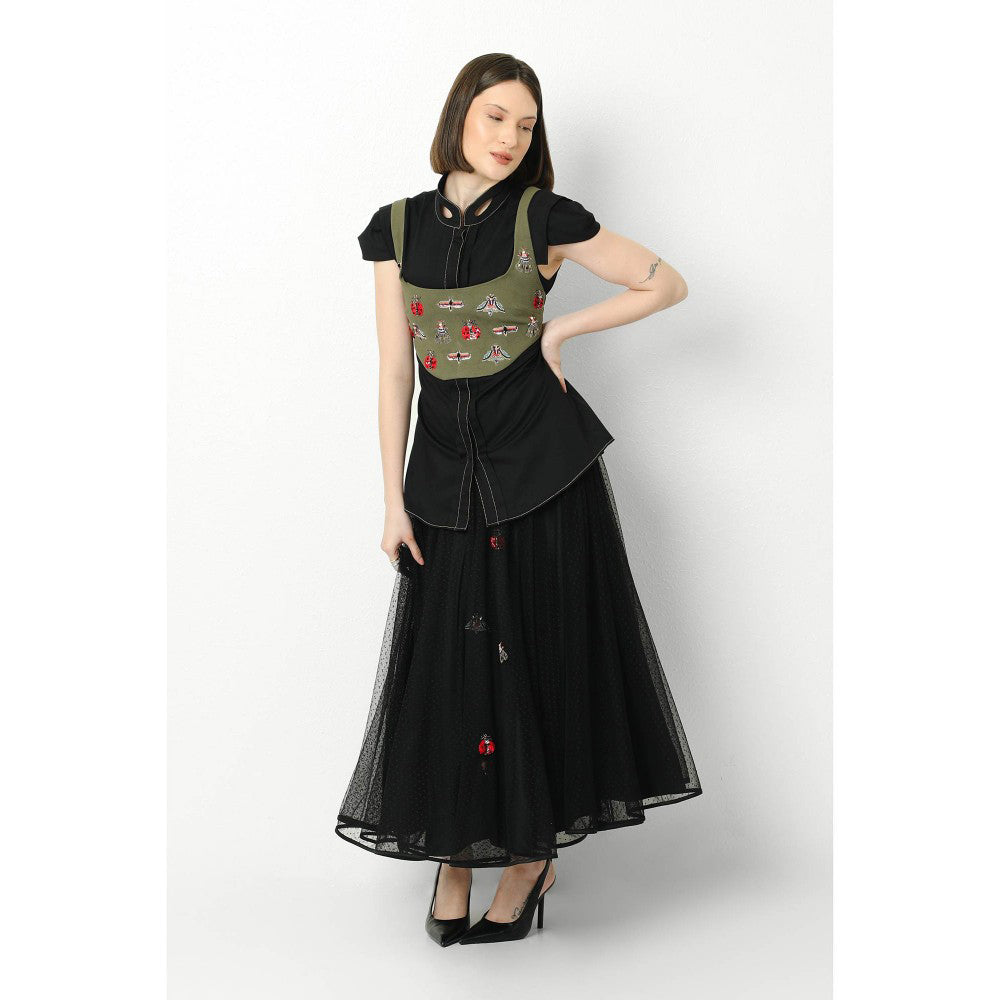 Our Love Black Embroidered Shirt With  Jacket And Black Dotted Skirt (Set of 3)