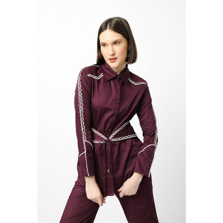 Our Love Violet Shirt With Attached Belt And Jogger Pants With Trench Coat (Set of 3)