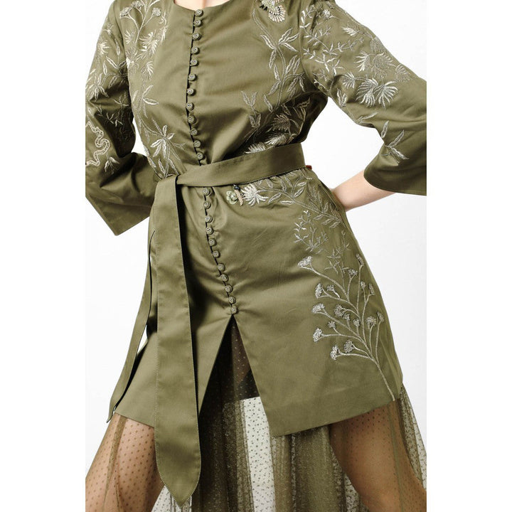 Our Love Smoke Green Embroidered Reversible Jacket With Skirt Co-Od (Set of 3)