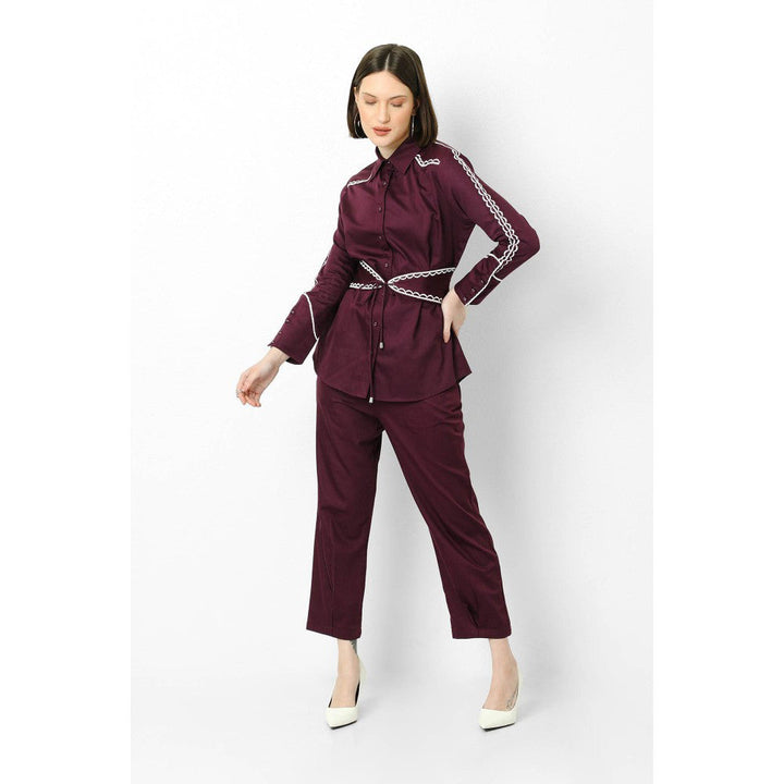 Our Love Violet Cotton Satin Shirt With Attached Belt And Jogger Pants-2 Pc Set